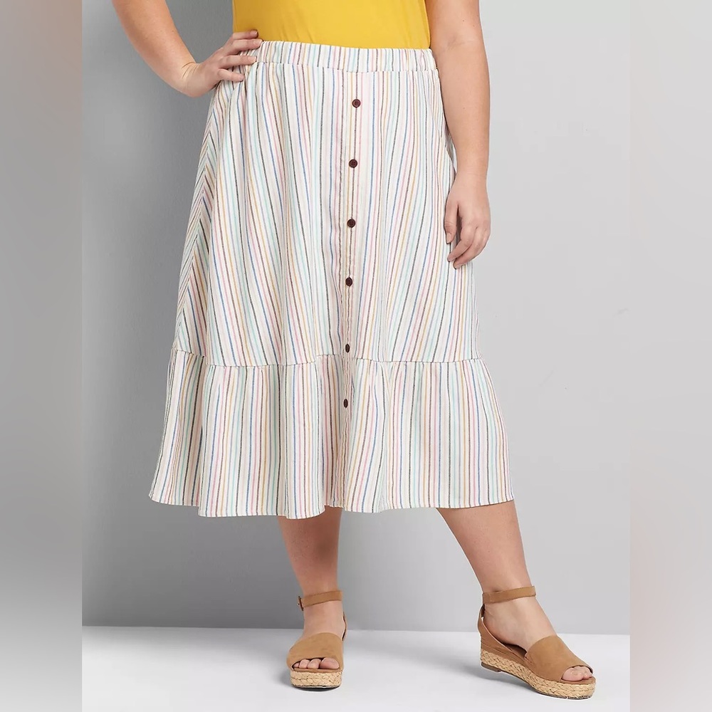Lane Bryant striped midi skirt, buttons down the front. NWT.